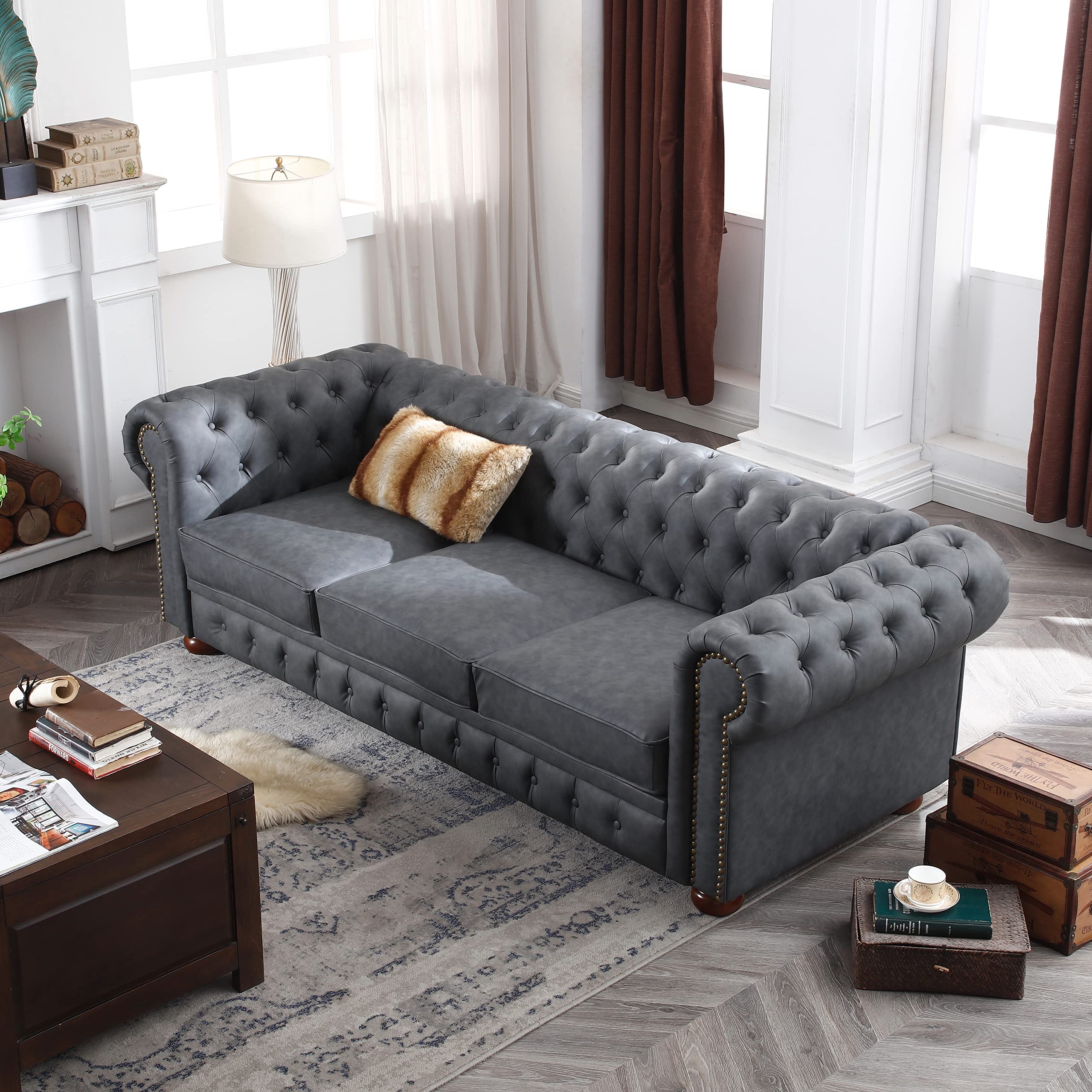 ERYE Clasic Chesterfield 3 Seaters Sofa Couch Luxury Roller Armrest,Special Soild Wood Legs, Linen Fabric Upholstered Button Tufted Sofa&Couch with Removable Cushions & Nailhead Decor