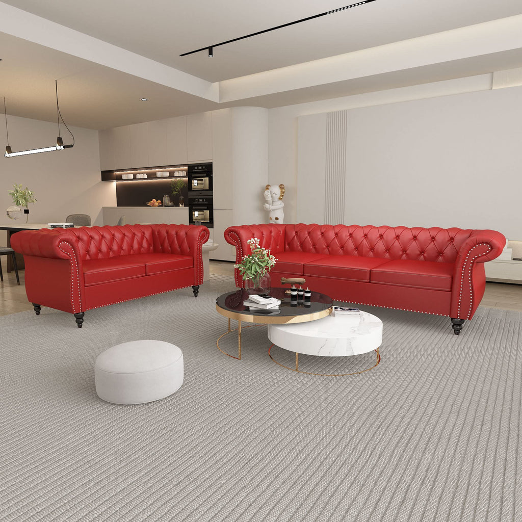 QHITTY 3 Piece Living Room Set, Sectional Chesterfield Sofa Chair Contemporary Upholstered Leather Loveseat Couch Sets for Living Room, Bedroom, Office