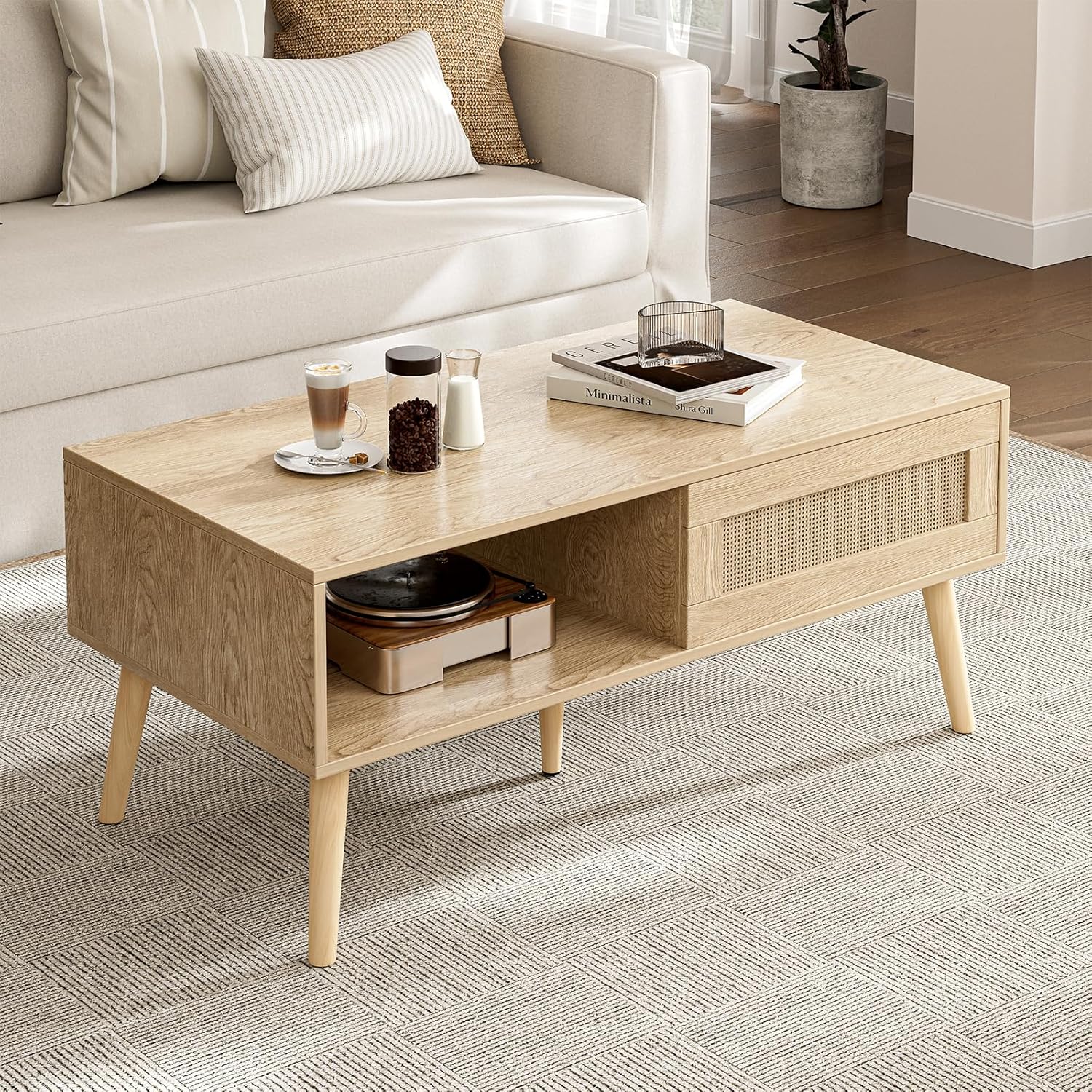 Wood Coffee Table with Storage, Boho Dining Table with Sliding Rattan Door Panel and Solid Wood Legs, Small Coffee Tables for Living Room, Oak (Oak_LSJ008)