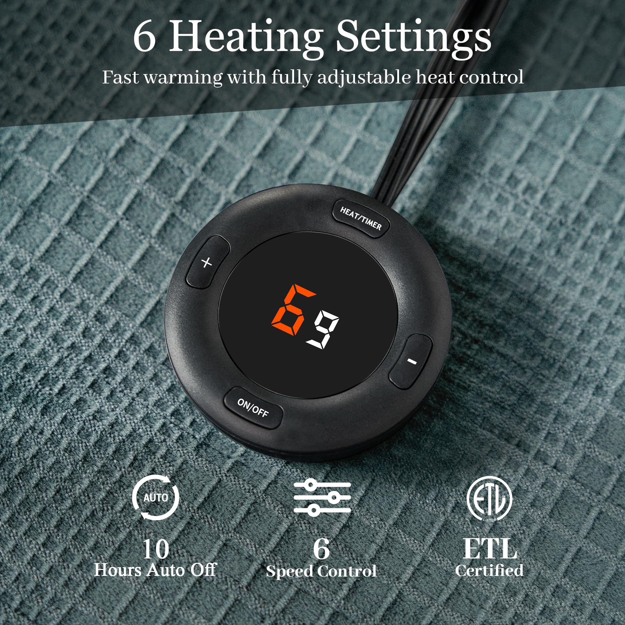 Verwarmd deken elektrisch deken plaid 50''X60'' - verwarmingsdeken met 6 warmtestanden - 2-10 uur automatische uitschakeling, ETL gecertificeerd, wasmachinebestendig (zwart)