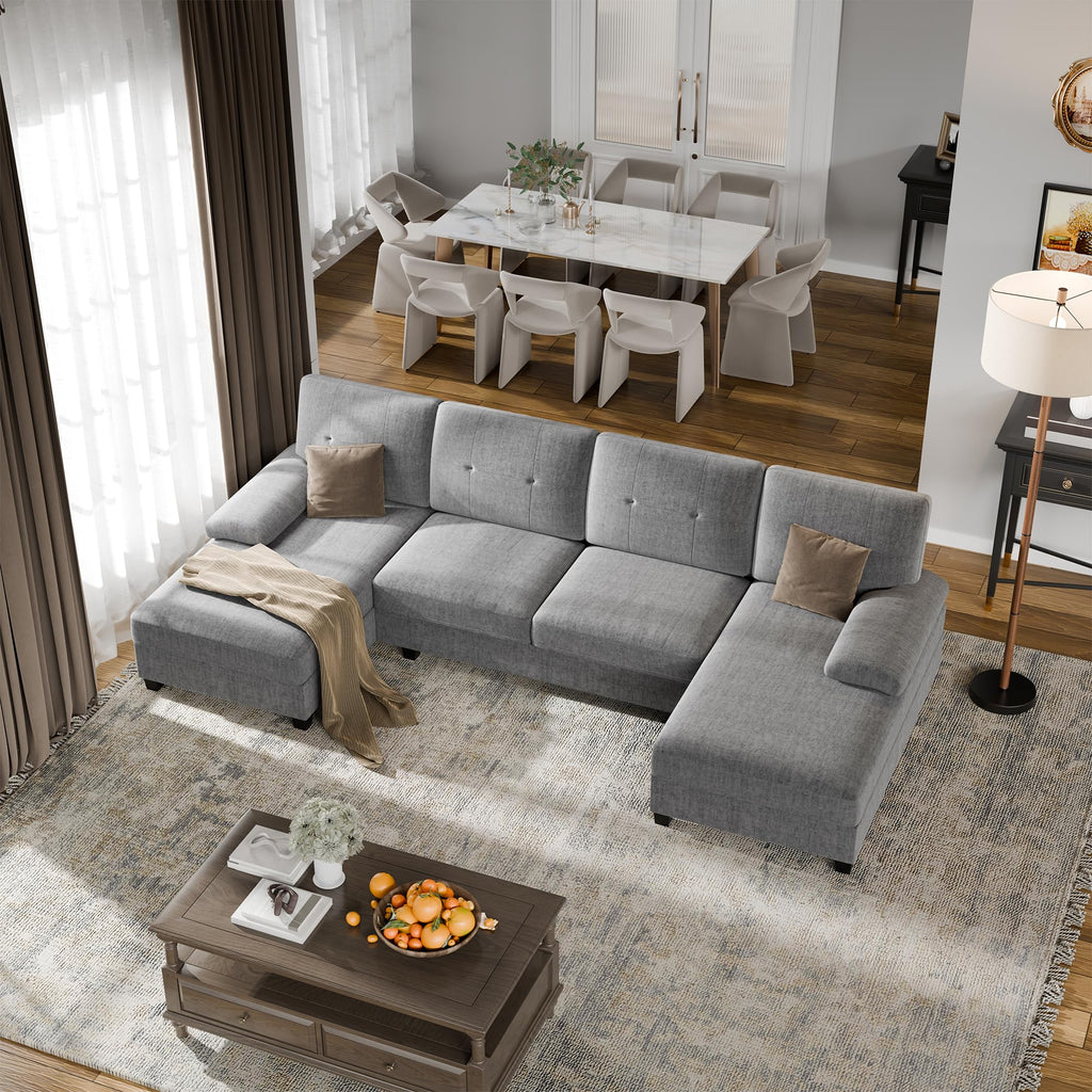 Walsunny Sectional Couches for Living Room, Convertible U-Shaped Sofa Couch with Double Chaise, 4 Seat Sofa Set Modular Sofa Couch for Apartment, Black