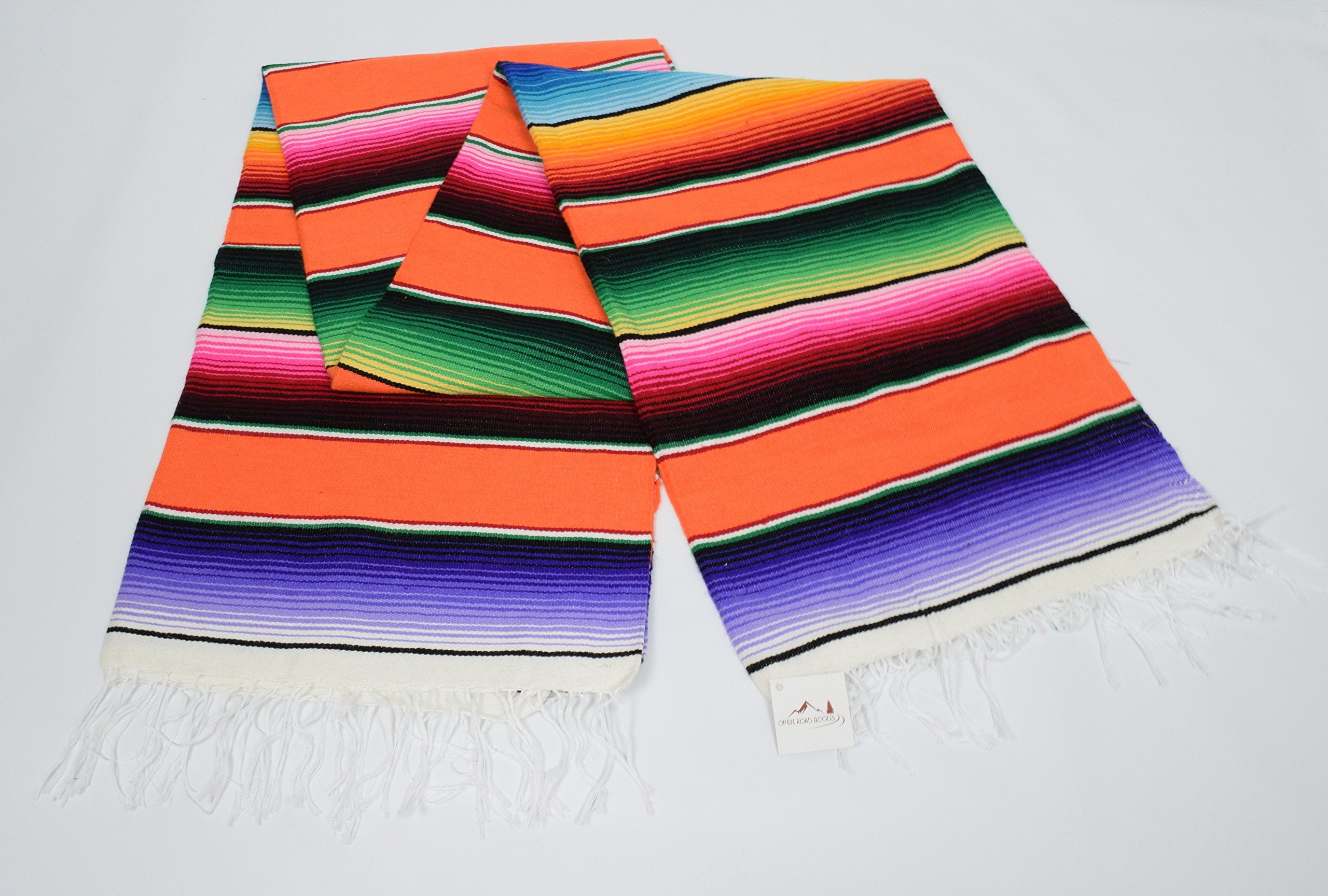Open Road Goods Authentische mexikanische Serape-Decke - Mehrfarbige, leichte, handgefertigte mexikanische Saltillo-Decke/Klassisches Streifenmuster, Überwurf, Stranddecke, Wandteppich oder Yogadecke. Multi Orange