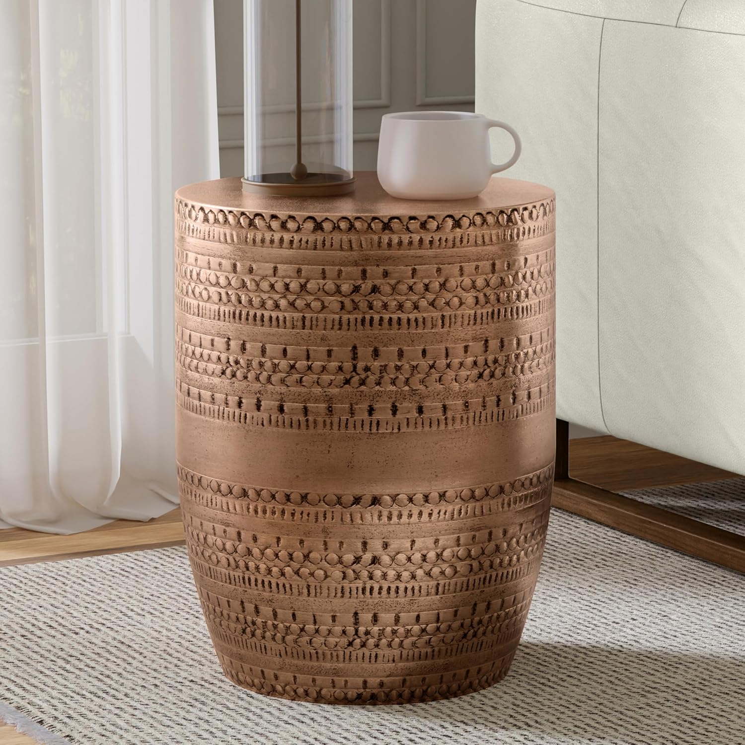 SIMPLIHOME Johnsen Metal Table - 15 inch Wide Solid Iron Drum Accent Table in Antique Copper with Tribal Pattern, Round Boho End Table for Living Room, Bedroom, or Home Office, Fully Assembled