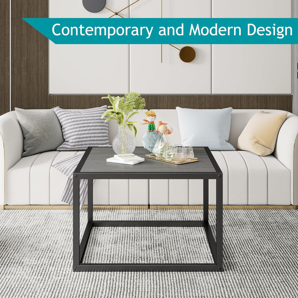 Square Coffee Tables for Living Room, Small Coffee Table with Storage Center Side Table with Wood Tabletop and Sturdy Metal Frame,Black and Gray/60x60x40cm