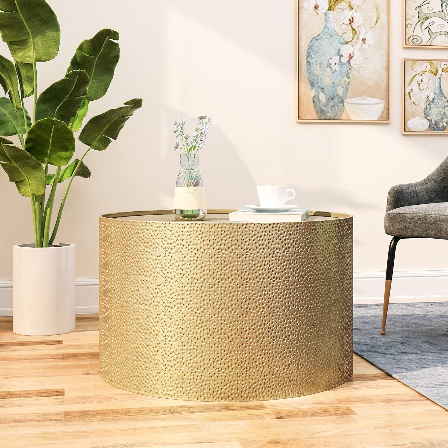 Christopher Knight Home Rache Modern Round Coffee Table with Hammered Iron, Gold, 26. 00” L x 26. 00” W x 17. 00” H