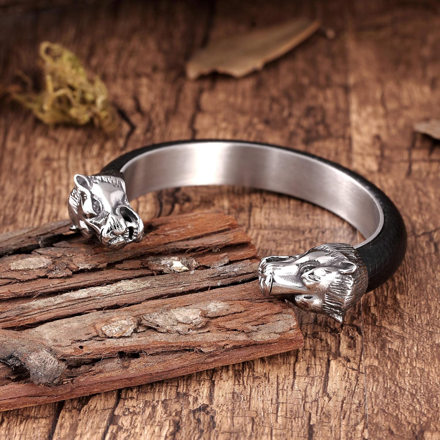 Beastly Stylish Men’s Bracelet – Wolf’s Head Adornment – Black & Polished Silver Color Band – Made of Genuine Leather & Rust Resistant Stainless Steel – Jewelry Gift or Accessory for Men