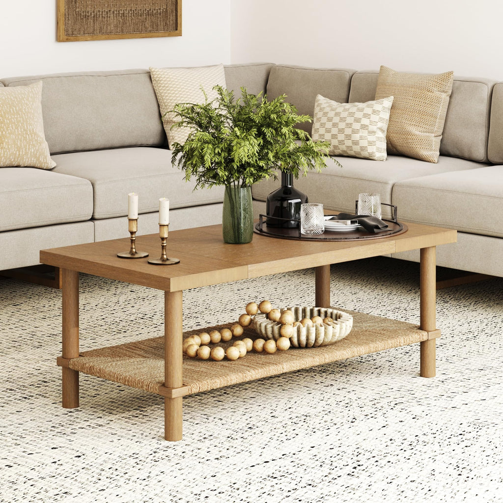 Nathan James Sonia Coffee Table with Storage Shelf, Light Wood/Rattan
