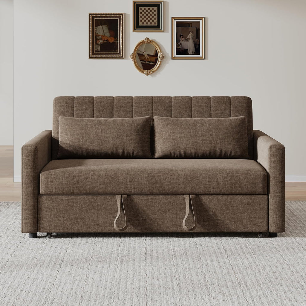 55'' Sofa Bed, Pull Out Sleeper Sofa Couch Bed, Loveseat Couch Bed, Futon Sofa Bed with Side Pocket, Convertible Sofa Bed for Living Room, Apartment, Bedroom, RV, Brown