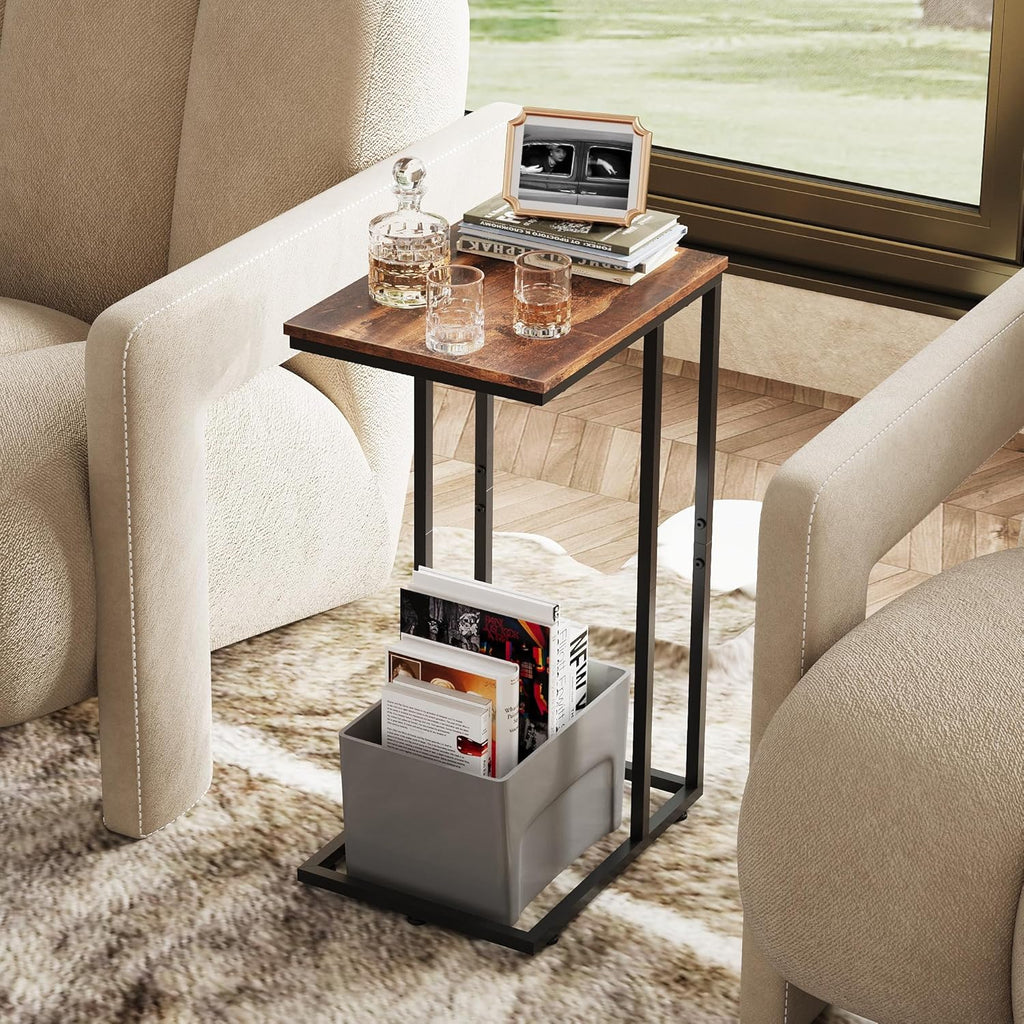 WLIVE Side Table, C Shaped End Table for Couch, Sofa and Bed, Large Desktop C Table for Living Room, Bedroom, Retro Brown and Black