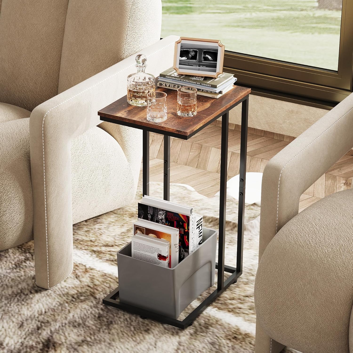 WLIVE Side Table, C Shaped End Table for Couch, Sofa and Bed, Large Desktop C Table for Living Room, Bedroom, Retro Brown and Black