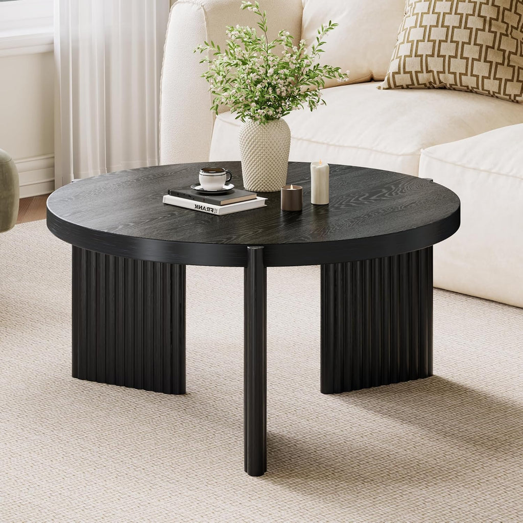 27.5" Black Round Coffee Table Modern Wooden Center Table for Small Space Living Room and Bedroom Scandinavian Minimalist Circle Fluted Tea Table with Quilted Feet Pads