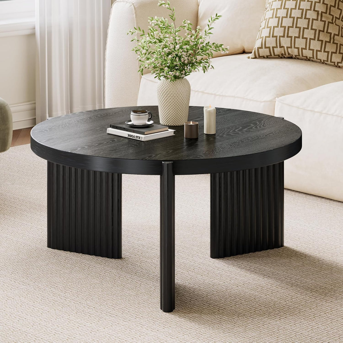27.5" Black Round Coffee Table Modern Wooden Center Table for Small Space Living Room and Bedroom Scandinavian Minimalist Circle Fluted Tea Table with Quilted Feet Pads