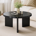 27.5" Black Round Coffee Table Modern Wooden Center Table for Small Space Living Room and Bedroom Scandinavian Minimalist Circle Fluted Tea Table with Quilted Feet Pads