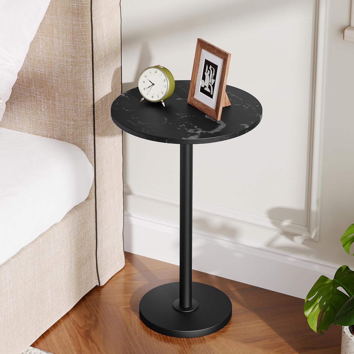 Round Side Table, Tall Drink End Table for Small Spaces, Pedestal Style Martini Side Table in Living Room, Bedroom, Dormitory, Marble Black and Black ET30BM