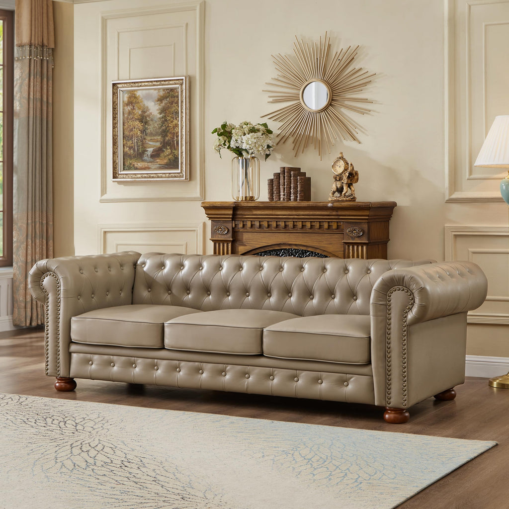 Chesterfield Leather Sofa, 89" Mid Century Modern Couch with Low Back, Roll Arm Nailhead Trim Classic 3 Seater Couch for Living Room, Office, Apartment, Faux Leather Brown