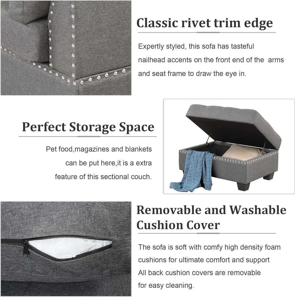 L-Shaped Oversized Reversible Sectional Sofa Couch with Drop-down Cupholders ,Modern Living Room 6 Seaters Corner Tufted Upholstered Sofa&Couch W/Reversible Chaise ,Storage Ottoman and Nailhead Decor