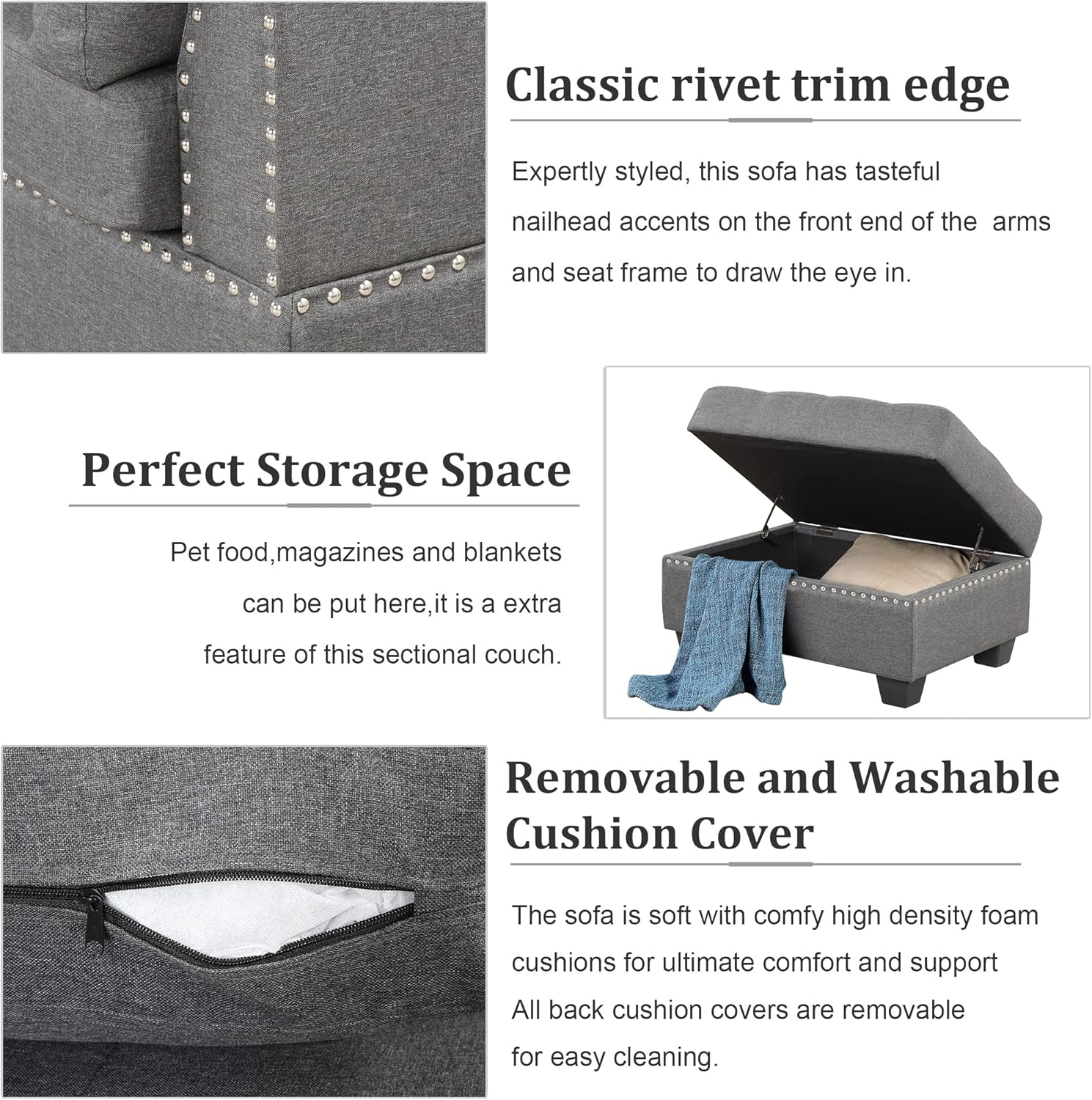 L-Shaped Oversized Reversible Sectional Sofa Couch with Drop-down Cupholders ,Modern Living Room 6 Seaters Corner Tufted Upholstered Sofa&Couch W/Reversible Chaise ,Storage Ottoman and Nailhead Decor