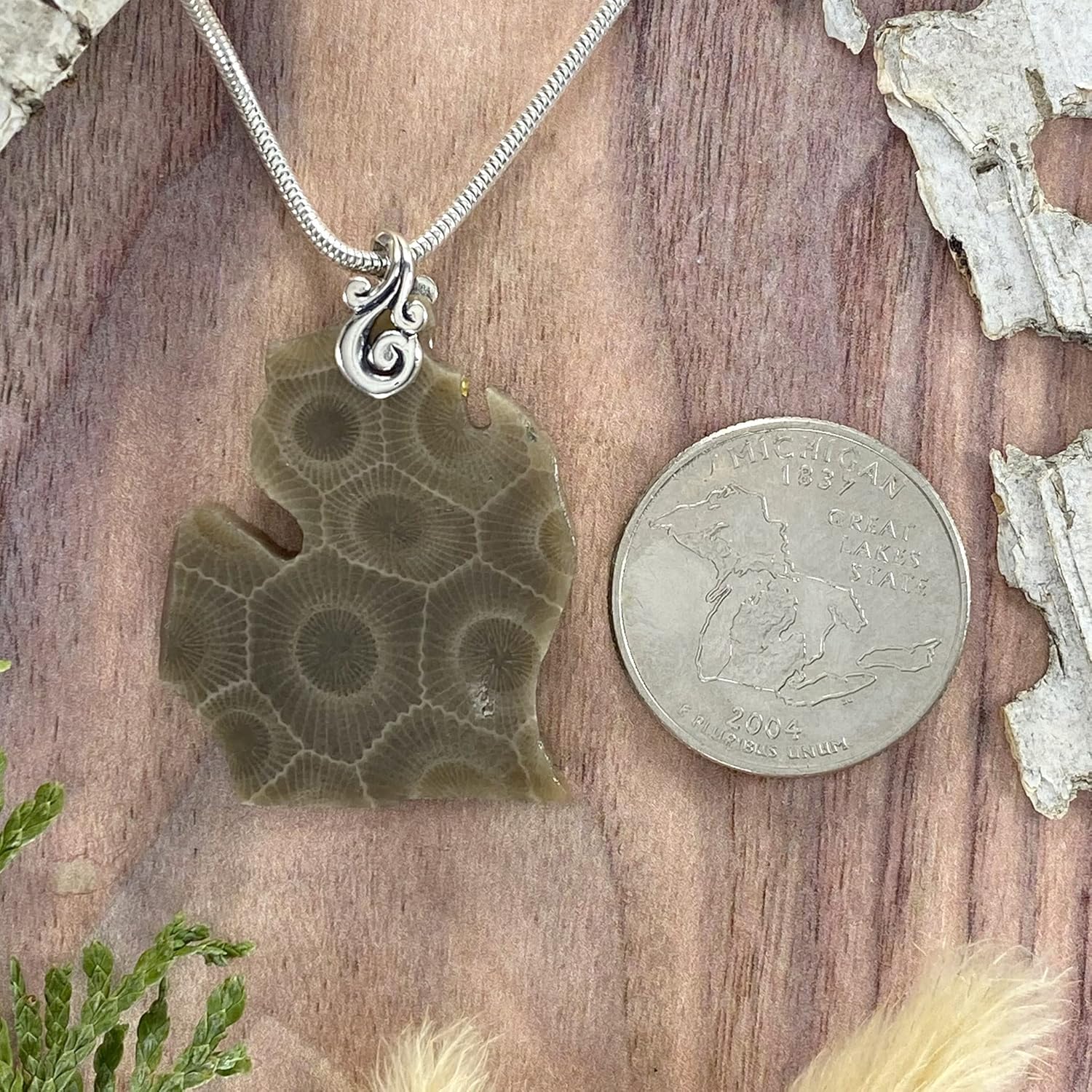 Michigan Shaped Petoskey Stone Pendant