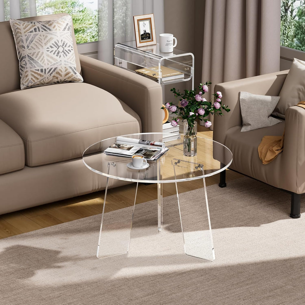 Acrylic Coffee Table Round, Clear Circle Modern Lucite Side Table Legs for Living Room, Bedroom, Office (Clear, 23.6“ × 15.7”)