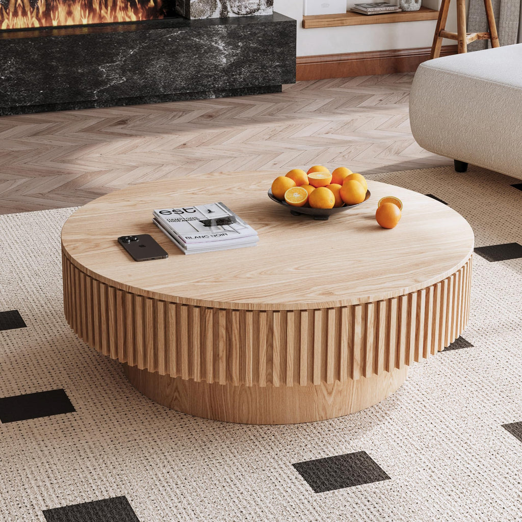 Round Coffee Table for Living Room Contemporary Wood Circle Fluted Coffee Table for Apartment, Easy Assembly ø31.49'', Wood Oak