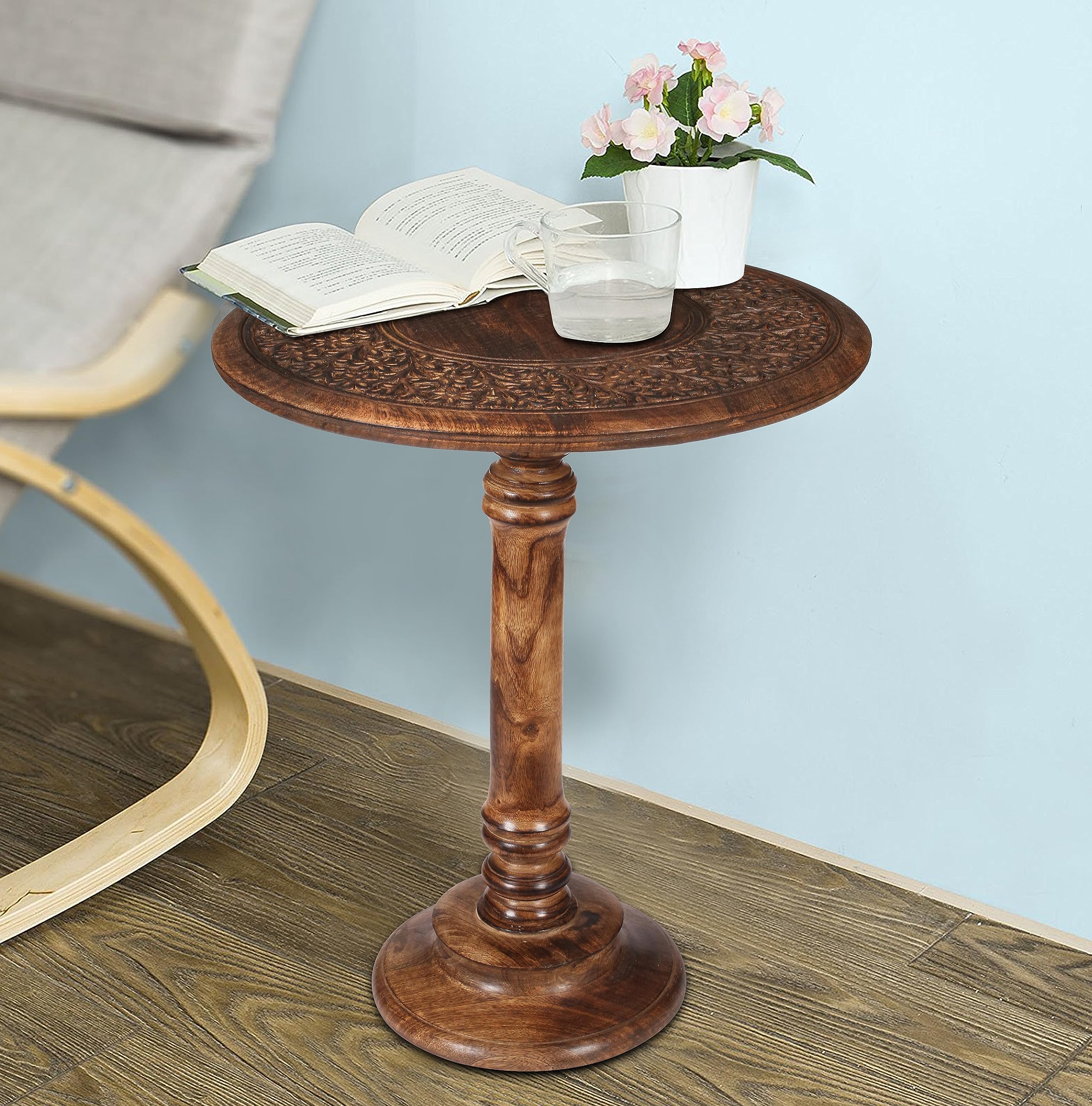 Lightnpro Handcrafted Wooden Round Accent Table - Vintage Farmhouse Octagonal Side End Table with Intricate Carvings for Living Room, Bedroom, Entryway - 18x18 Inch - Burnt