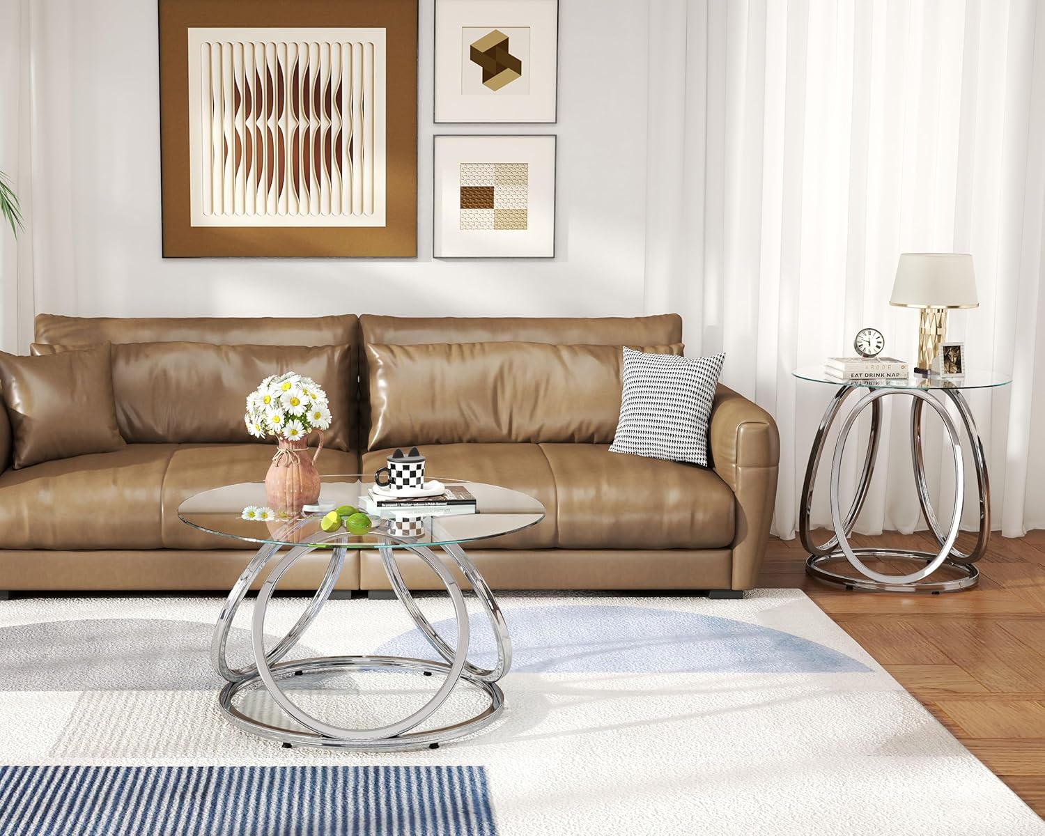 O&K FURNITURE Silver Coffee Table, Modern Glass Coffee Table Living Room Table with Ring-Shaped Frames, Glass Coffee Table for Home&Office, Chrome Finish, 1 PC