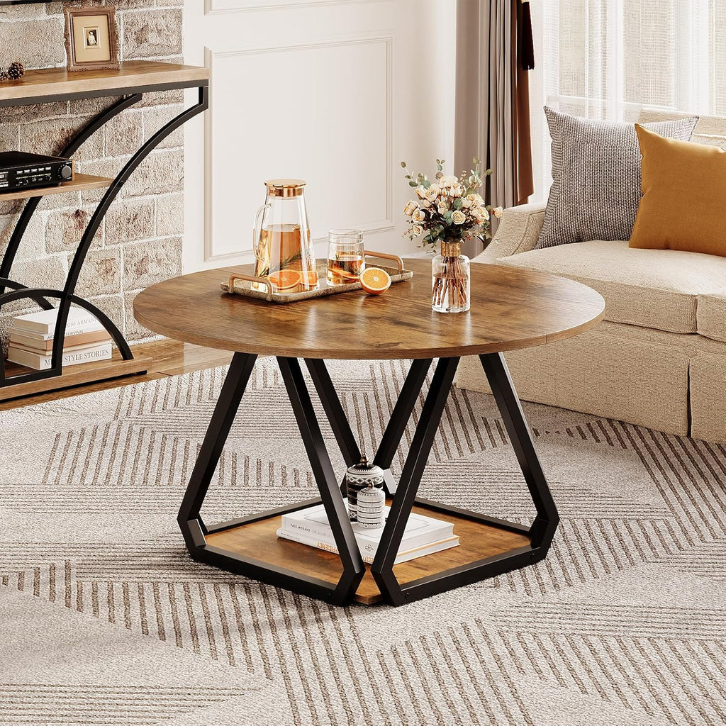 Round Coffee Table, 31.5" 2-Tier Center Table with Storage Shelf, Modern Rustic Circle Wood Coffee Table for Living Room, Apartment (Rustic Brown)