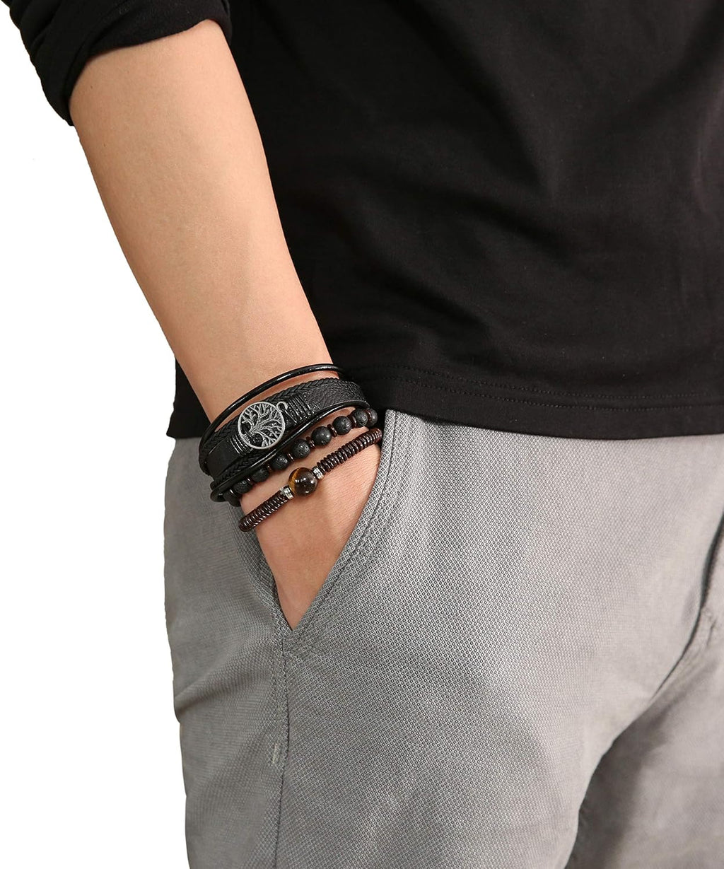 HZMAN Genuine Leather Tree of life Bracelets Men Women, Tiger Eye Natural Stone Lava Rock Beads Ethnic Tribal Elastic Bracelets Wristbands