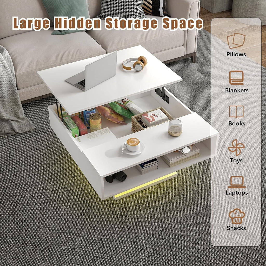 Square Lift Top Coffee Table with Storage, White Led Coffee Table for Living Room with Large Hidden Storage, 30.7" Wood Table Led Center Table for Dining Reception Room