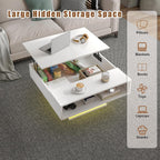 Square Lift Top Coffee Table with Storage, White Led Coffee Table for Living Room with Large Hidden Storage, 30.7" Wood Table Led Center Table for Dining Reception Room