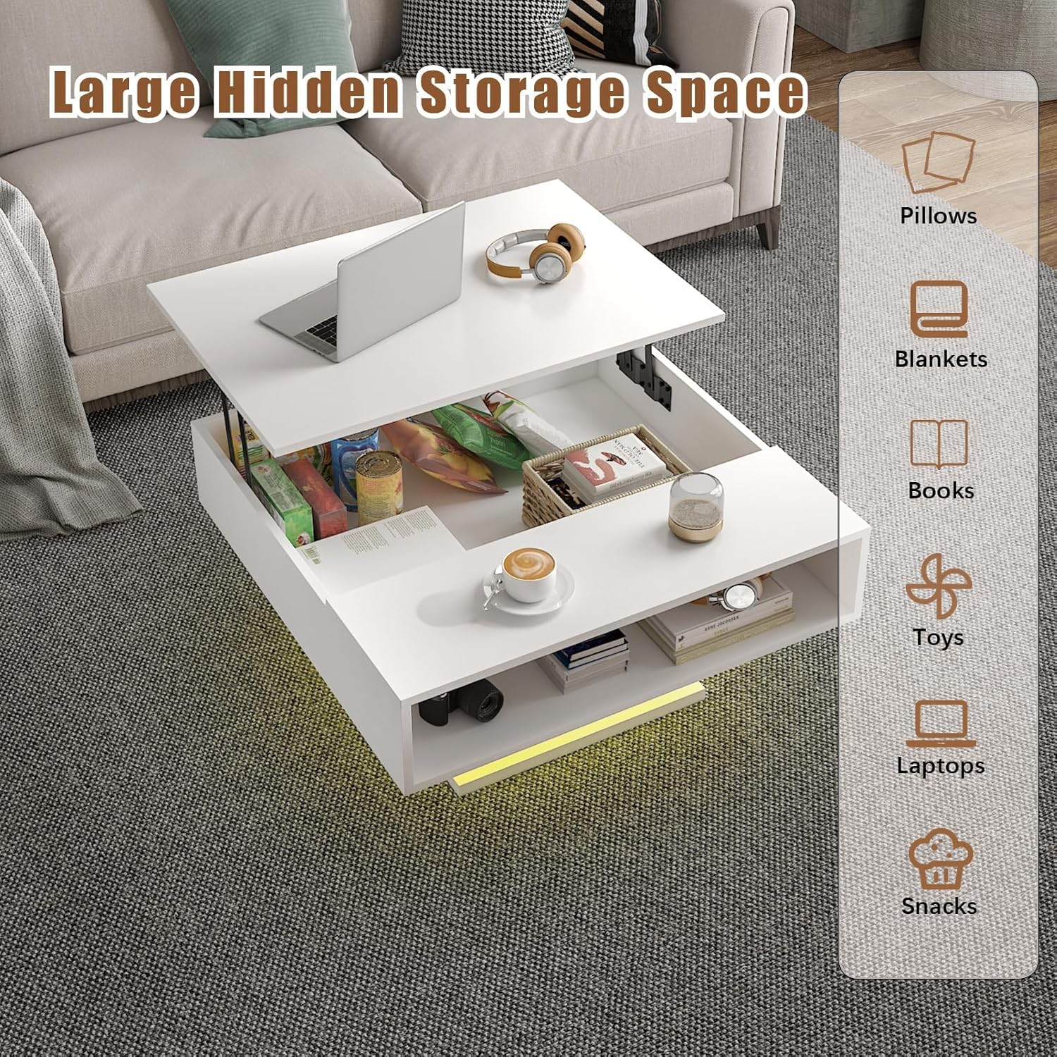 Square Lift Top Coffee Table with Storage, White Led Coffee Table for Living Room with Large Hidden Storage, 30.7" Wood Table Led Center Table for Dining Reception Room