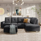L-Shaped Oversized Reversible Sectional Sofa Couch with Drop-down Cupholders ,Modern Living Room 6 Seaters Corner Tufted Upholstered Sofa&Couch W/Reversible Chaise ,Storage Ottoman and Nailhead Decor