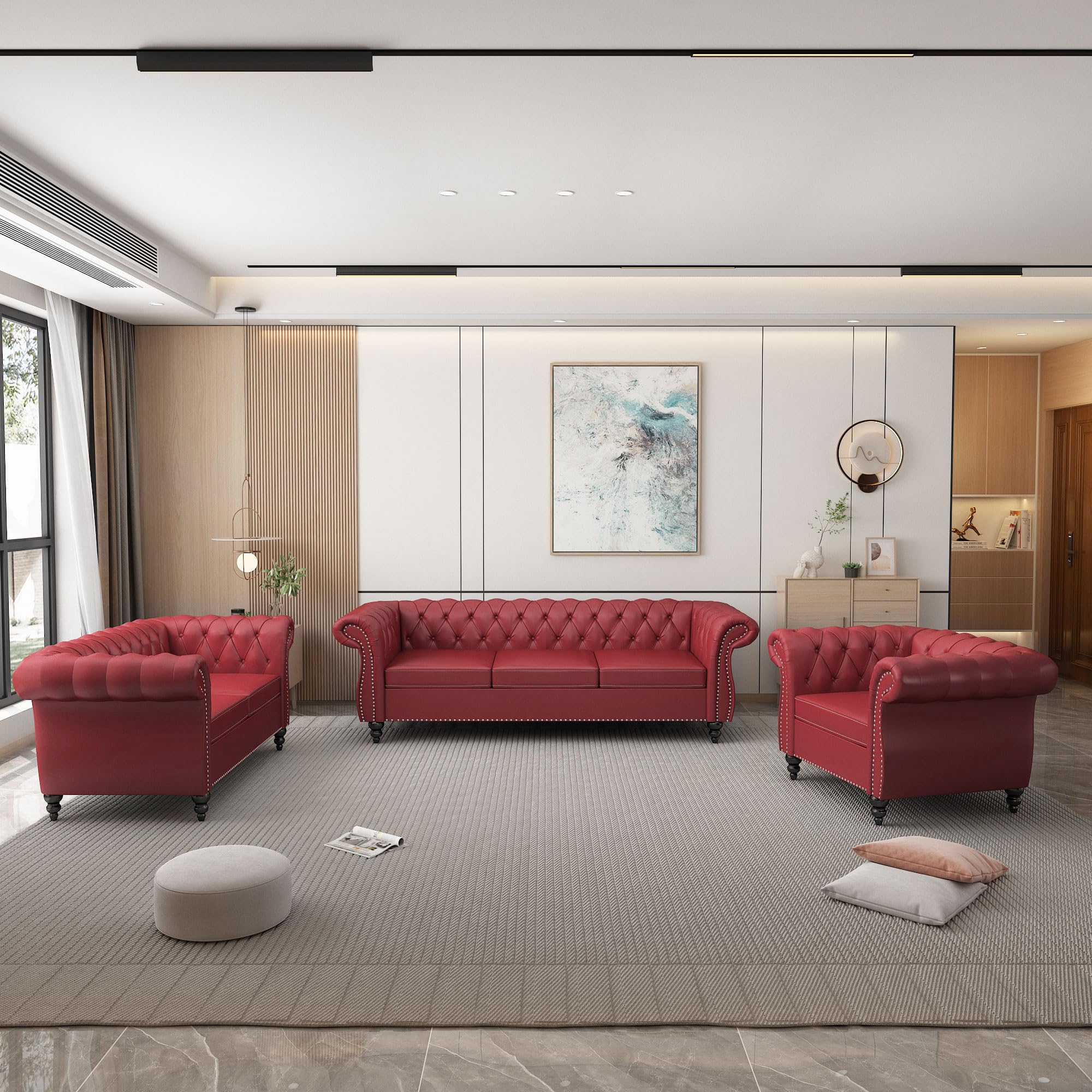 AVZEAR 3-Piece Living Room Sectional Sofa Set, Green Velvet Couch Upholstered Sofa Modern Sofa Couches Set Style Button Tufted, Velvet Chesterfield Sofa for Living Room Apartment, 1+2+3 Seat Green