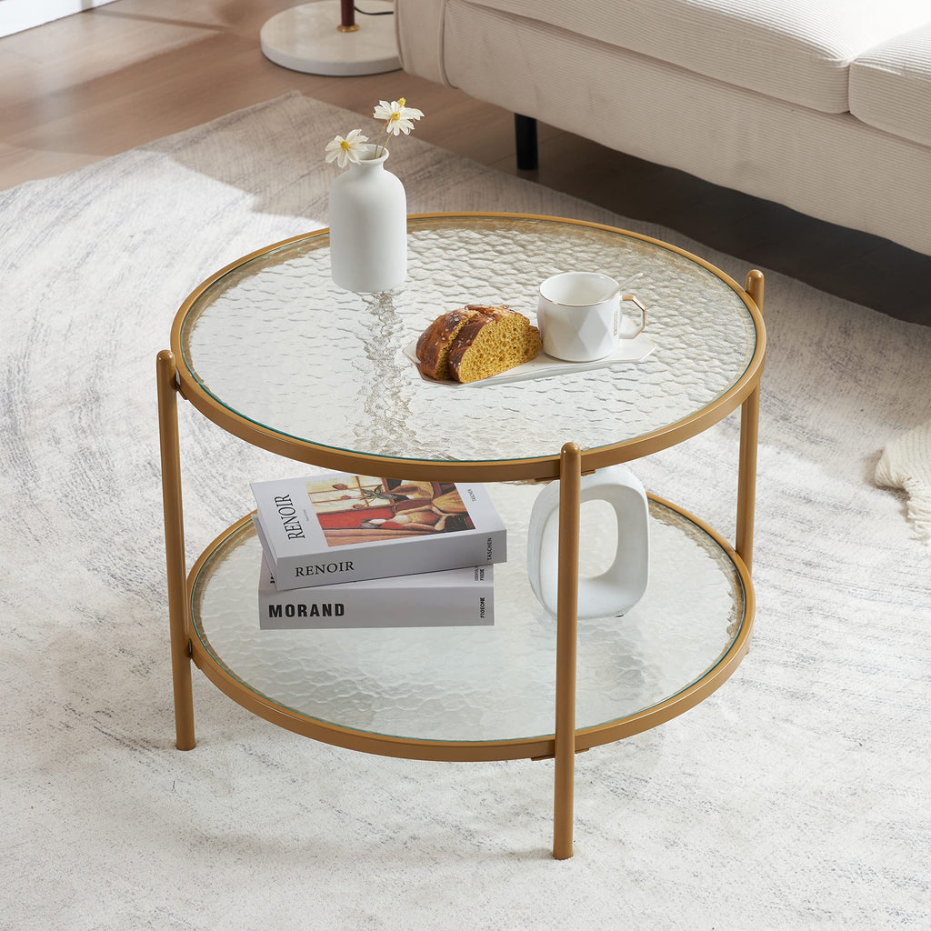 VINGLI 25.6" Round Gold Coffee Tables for Living Room, 2-Tier Glass Top Coffee Table with Storage Clear Coffee, Simple & Modern Center Table for Small Space