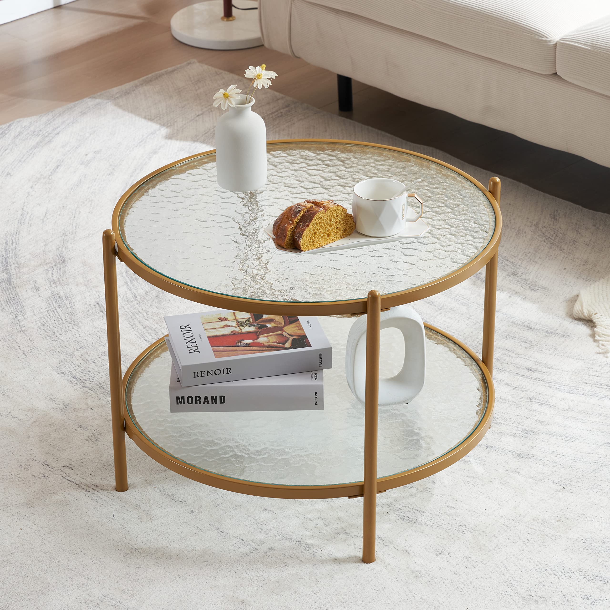 VINGLI 25.6" Round Gold Coffee Tables for Living Room, 2-Tier Glass Top Coffee Table with Storage Clear Coffee, Simple & Modern Center Table for Small Space