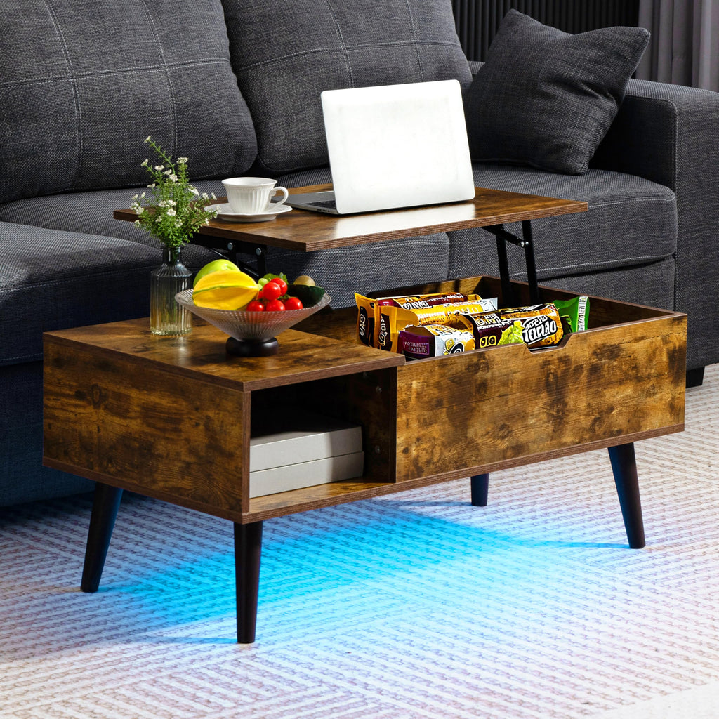 Finnhomy Lift Top Coffee Table with USB Type-C Charging Station, LED Lights and Power Outlet, 3-in-1 Multifunctional Table with Hidden Compartment and Large Storage, for Living Room Home Office, Black