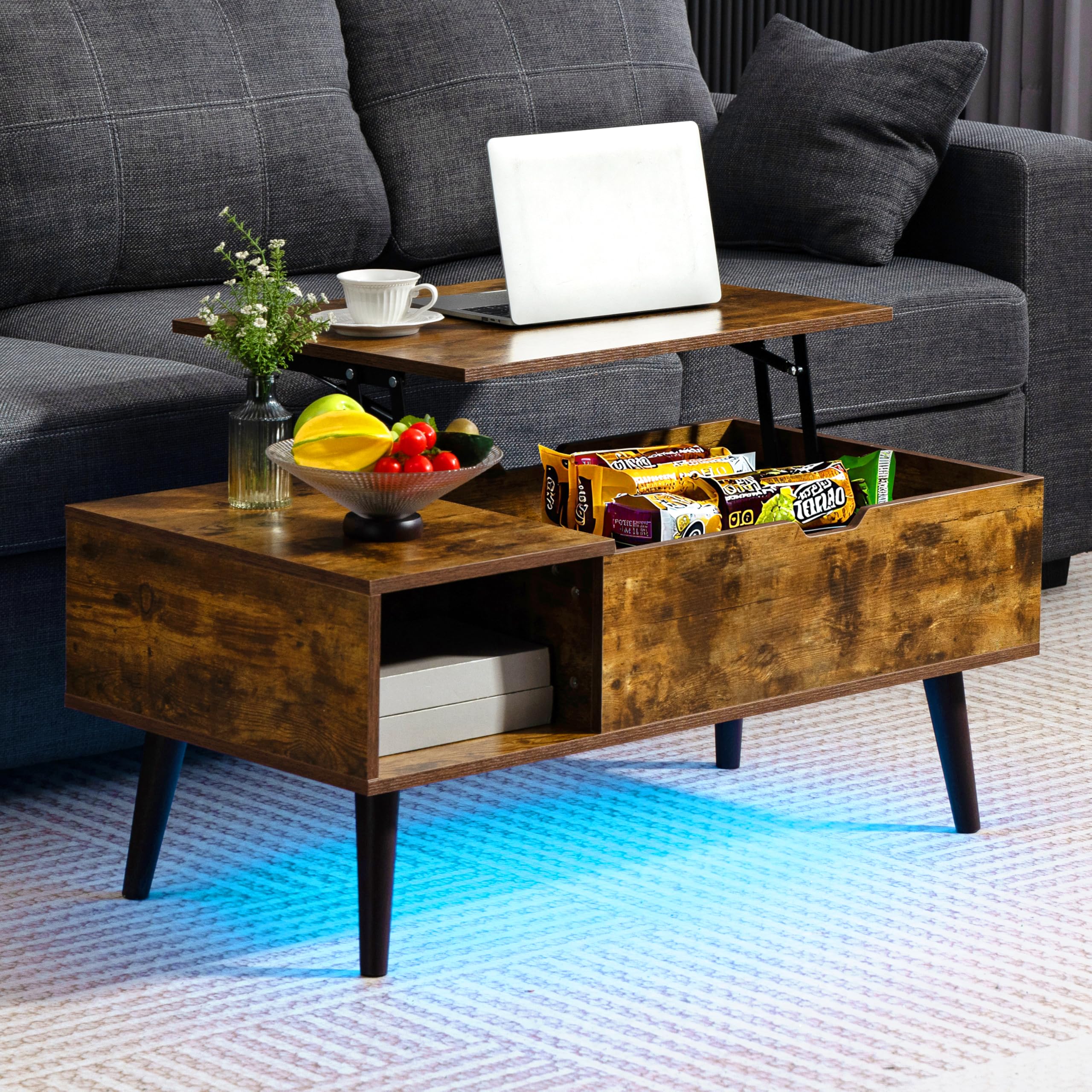 Finnhomy Lift Top Coffee Table with USB Type-C Charging Station, LED Lights and Power Outlet, 3-in-1 Multifunctional Table with Hidden Compartment and Large Storage, for Living Room Home Office, Black