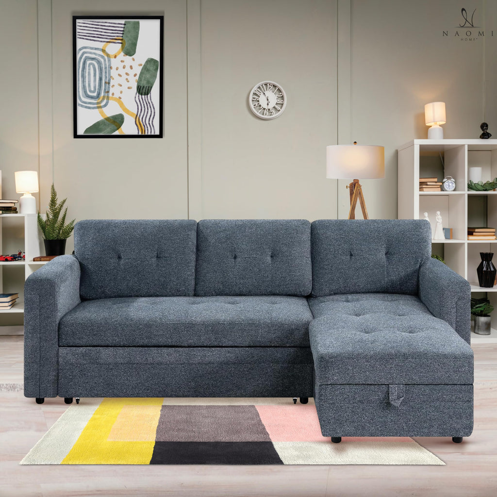 Naomi Home Lily Sectional Sleeper Sofa with USB Ports-L-Shaped Couch Convertible Pull-Out Bed, Ample Storage, Timeless Design, Sturdy Construction, Long-Lasting for Modern Living, Gray, Air Leather