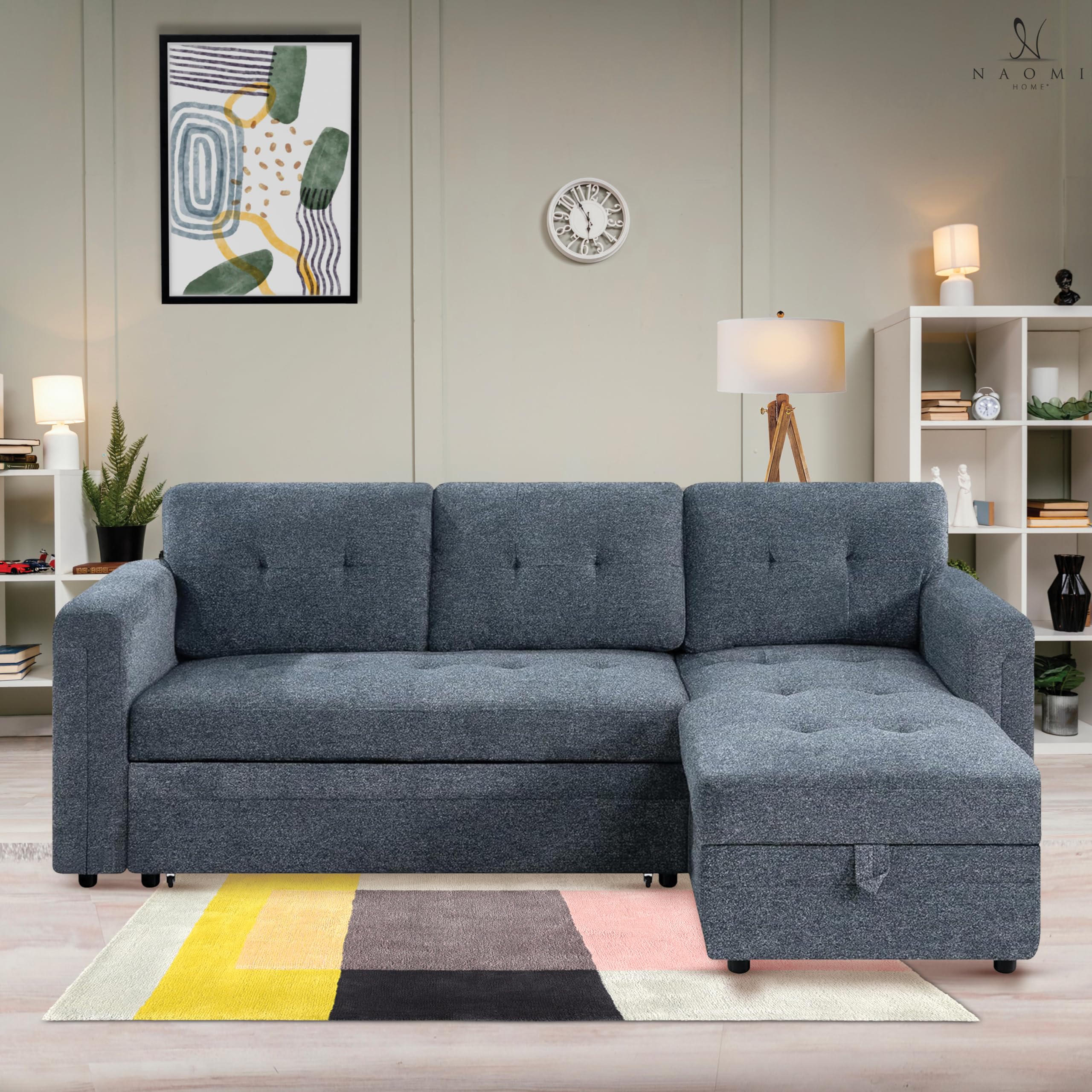 Naomi Home Lily Sectional Sleeper Sofa with USB Ports-L-Shaped Couch Convertible Pull-Out Bed, Ample Storage, Timeless Design, Sturdy Construction, Long-Lasting for Modern Living, Gray, Air Leather