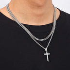 Fiusem 2 Pcs Cross Necklace Chain for Men and Women, Layered Mens Cross Necklaces Stainless Steel Pendant Cuban Link Rope Chain 16-26 Inch