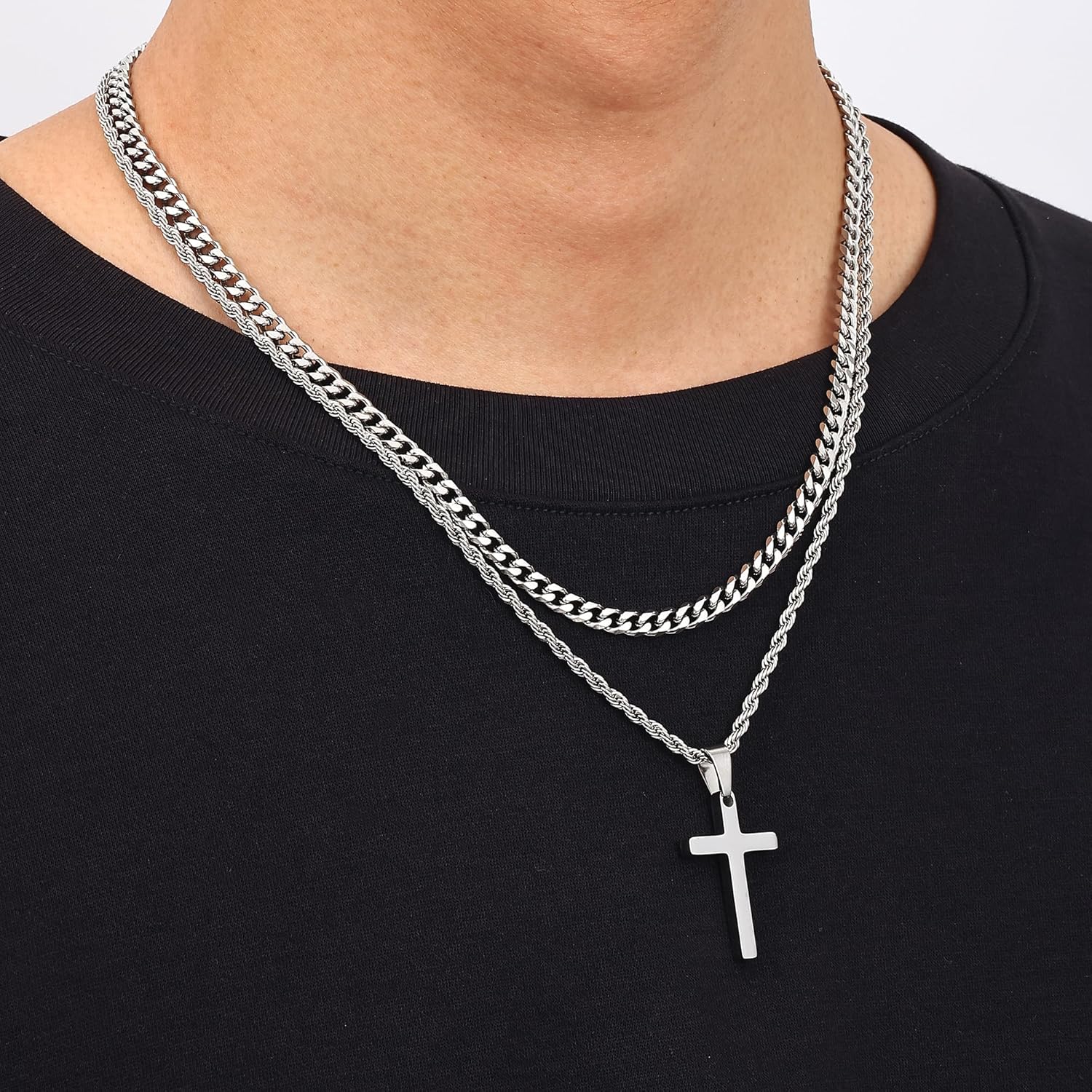 Fiusem 2 Pcs Cross Necklace Chain for Men and Women, Layered Mens Cross Necklaces Stainless Steel Pendant Cuban Link Rope Chain 16-26 Inch