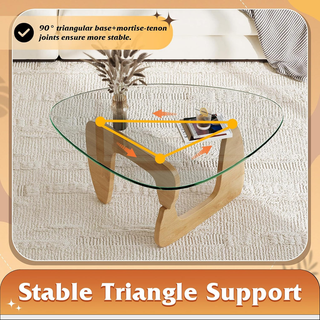 WLIVE Coffee Table, Small Glass Coffee Table with Solid Wood Legs, 32.7" Mid Century Triangle Living Room Tables, Modern Center Table for Small Spaces Living Room, Reception, Office, Natural