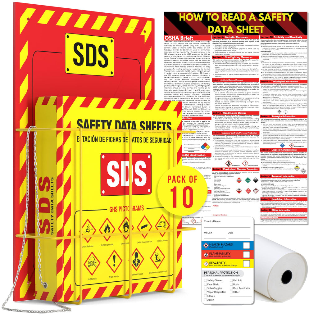 MSDS Wall Station with 3” SDS Binder & Wire Rack, OSHA/GHS Safety Data Sheet Station, Bilingual Labels, Display Sign, Chain & Mounting Hardware