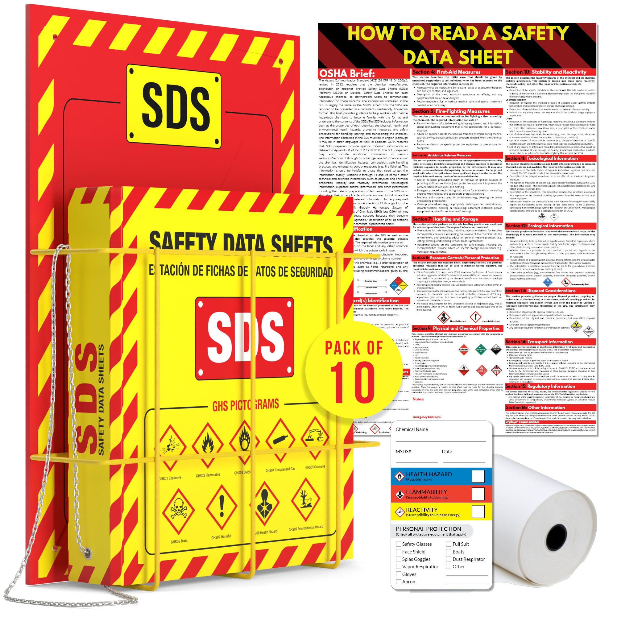 MSDS Wall Station with 3” SDS Binder & Wire Rack, OSHA/GHS Safety Data Sheet Station, Bilingual Labels, Display Sign, Chain & Mounting Hardware