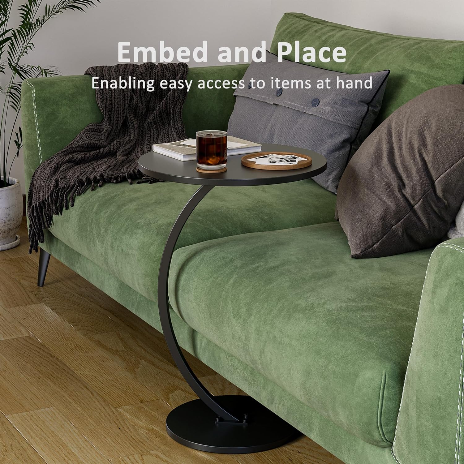 C-Shaped End Table 25 inches High, Small Side Table Coffee Table for Couch and Bed, Sofa Table for Living Room, Bedroom, Bedside, Black