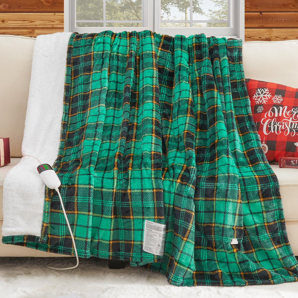 Elektrisch verwarmd deken, 50X60, verwarmingsdeken met 10 verwarmingsniveaus/8 uur automatische uitschakeling, marineblauw geruit Sherpa-dekenverwarmer voor volwassenen, wasbaar deken cadeau voor bank bed kantoor, ETL