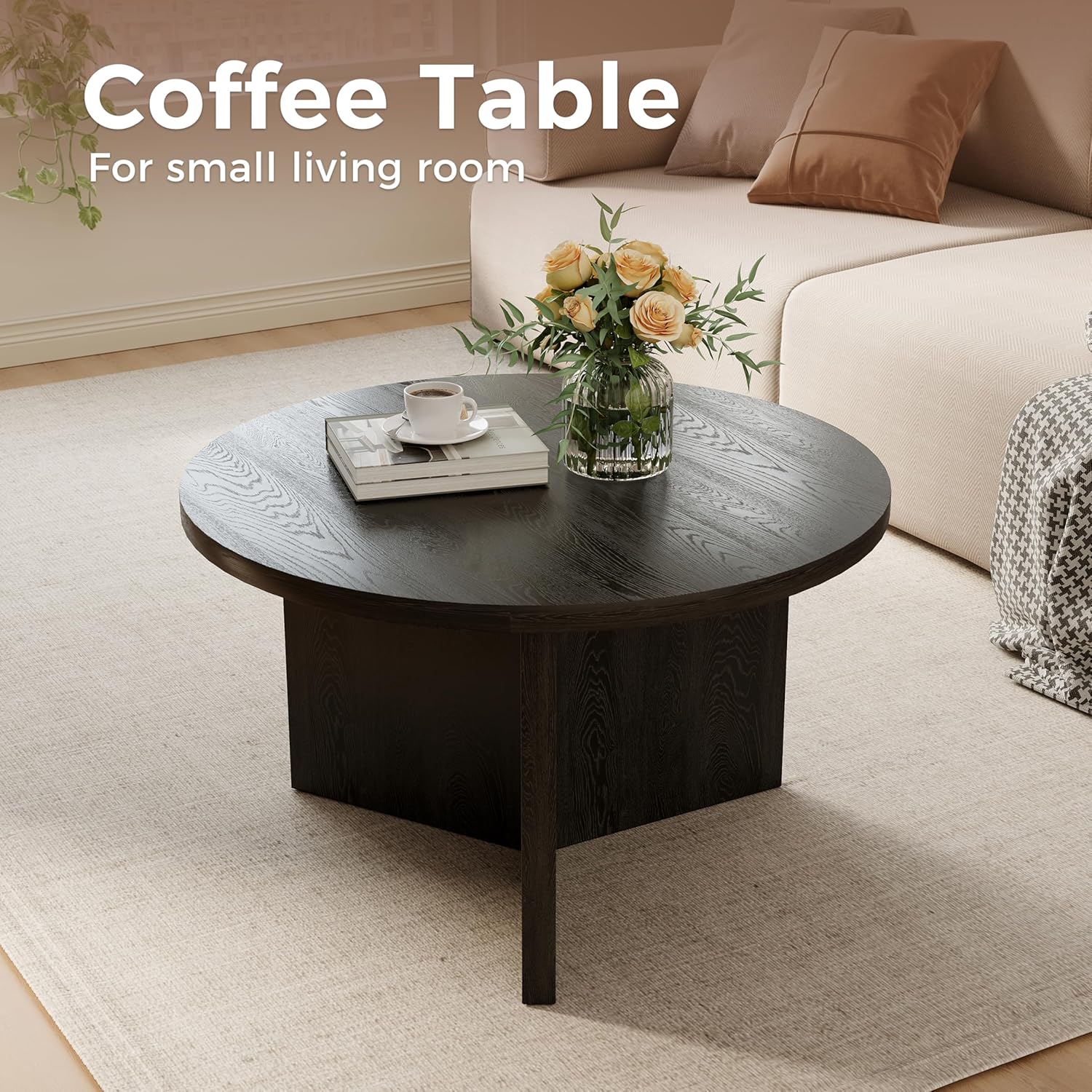 Luoxiao 27.5'' Coffee Table for Small Space, Minimalist Modern Table for Living Room, Durable & Sturdy Small Round End Table with Adjustable Feet Pads, Black
