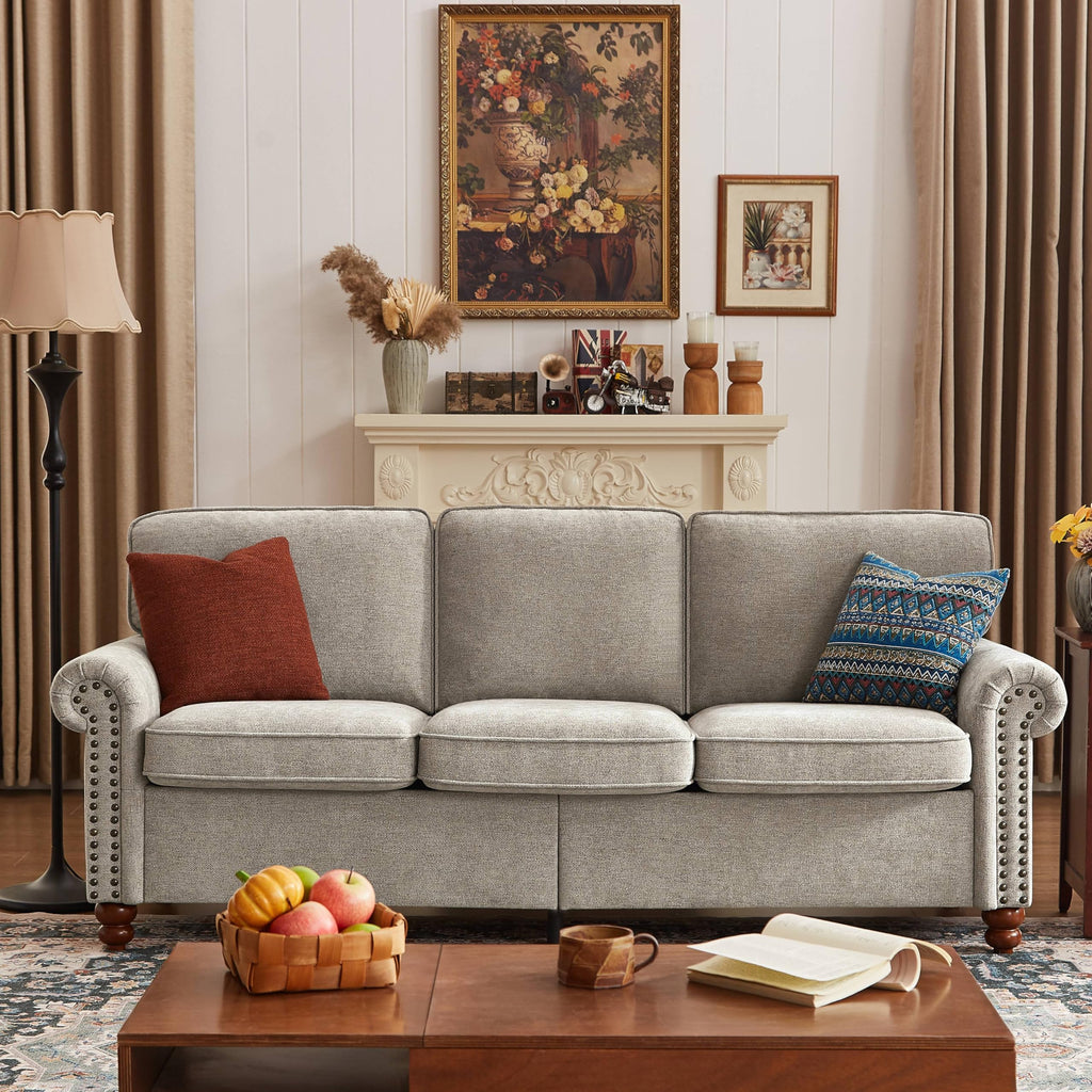 Rolled Arm Sofa with Nailhead Trim, 81.5" Living Room Couch, Comfy 3 Seater Chenille Fabric Couches, w/Deep Seat, Upholstered Brown Sofa for Bedroom, Apartment, Home Theater, Office