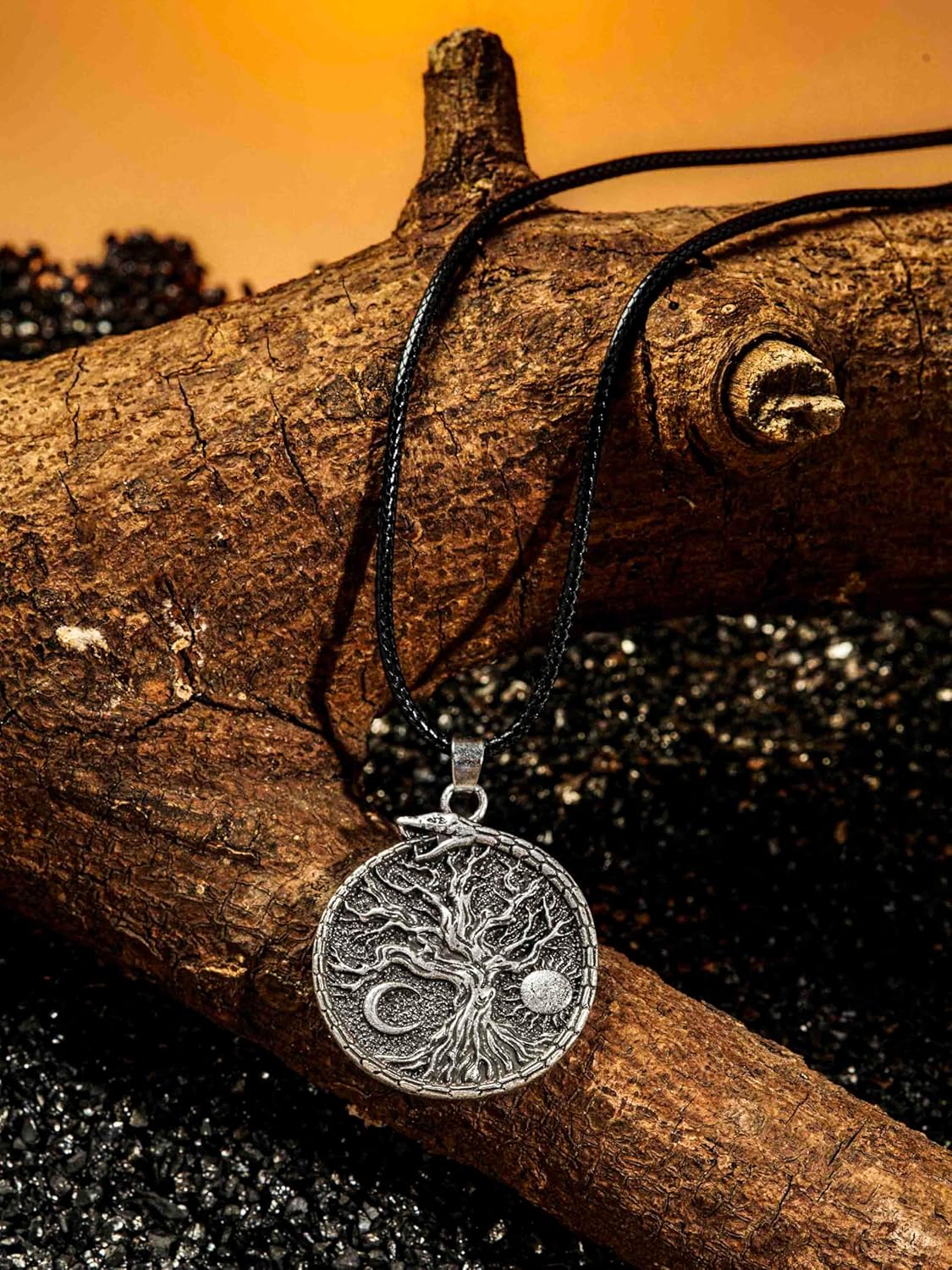 HAQUIL Viking Necklace, Sun Crescent Moon Yggdrasil Ouroboros Jormungandr Midgard Serpent Pendant, Faux Leather Cord, Viking Jewelry Gift