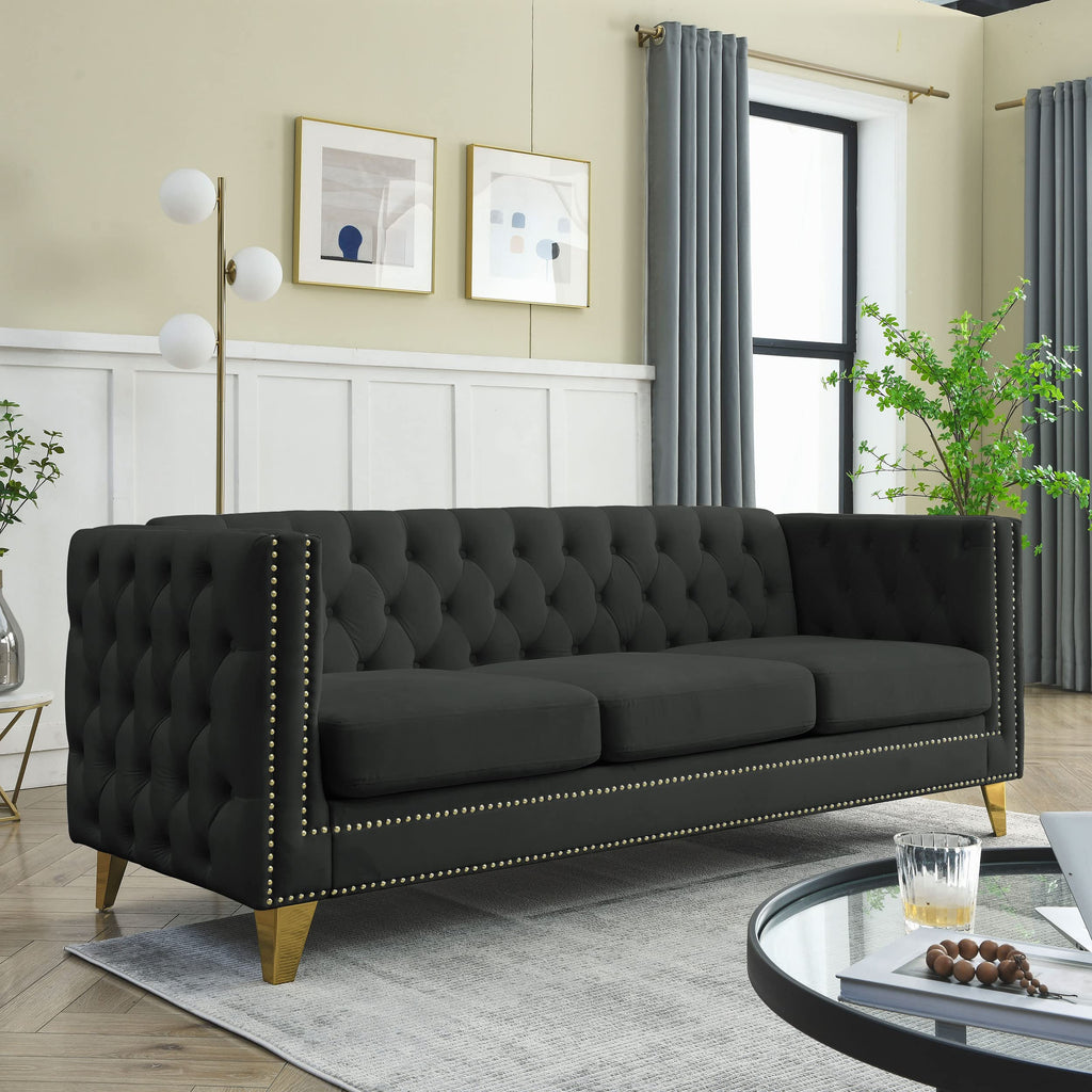 KEIKI Tufted Velvet 3+3 Seat Sofa Couch for Living Room, Buttons Tufted Square Arm Couch for Home Apartment, Gray